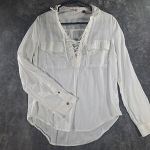 SO White Lace Up V-Neck Long Sleeve Blouse‎ Top Large Boho Casual Utility